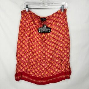 NWT Vintage Y2K Deadstock Angie Geometric Print Rayon Midi Skirt Pink Orange M